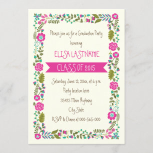 Invitation Classe de 2015 frontière florale rose et aqua