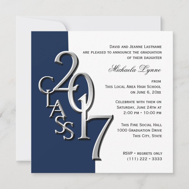 Invitation Classe de 2017 Photo Graduation Blue Silver (Devant)