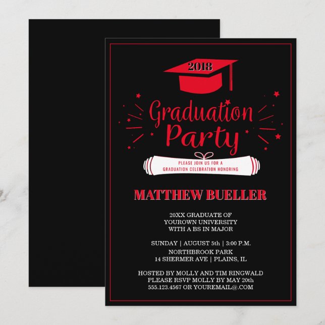 Invitation Classe de 2018 Grad Casquette Red Black Graduation (Devant / Derrière)