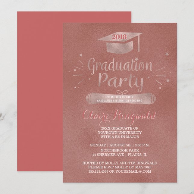 Invitation Classe de 2018 Grad Casquette Rose Gold Graduation (Devant / Derrière)