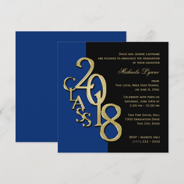 Invitation Classe de 2018 Grad Midnight Bleu et Or (Devant / Derrière)