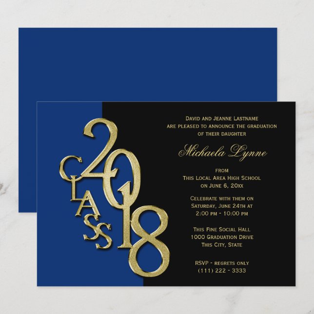 Invitation Classe de 2018 Grad Midnight Bleu et Or (Devant / Derrière)