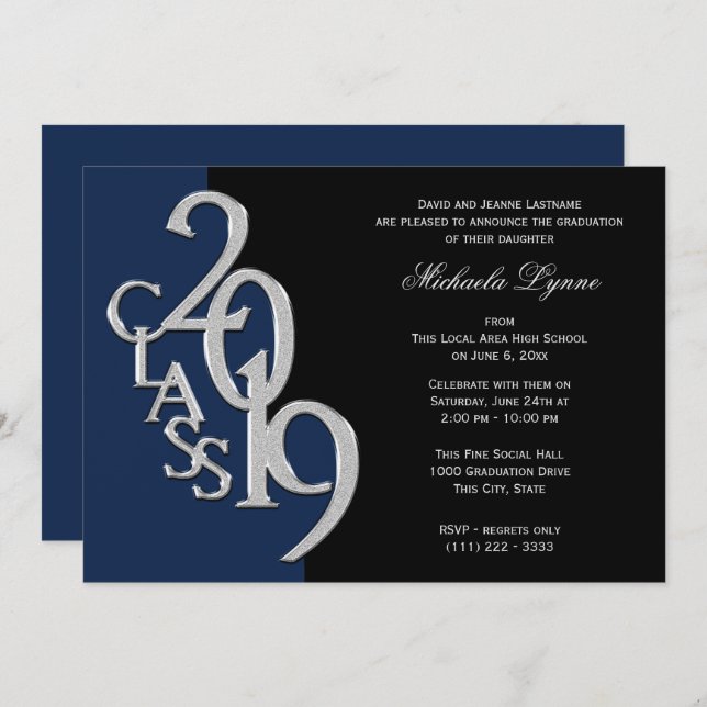 Invitation Classe de 2019 Grad Silver avec option de couleur (Devant / Derrière)