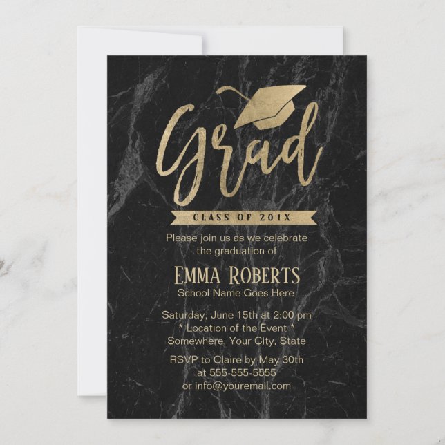 Invitation Classe de 2019 Graduation Party Black & Gold Marbl (Devant)