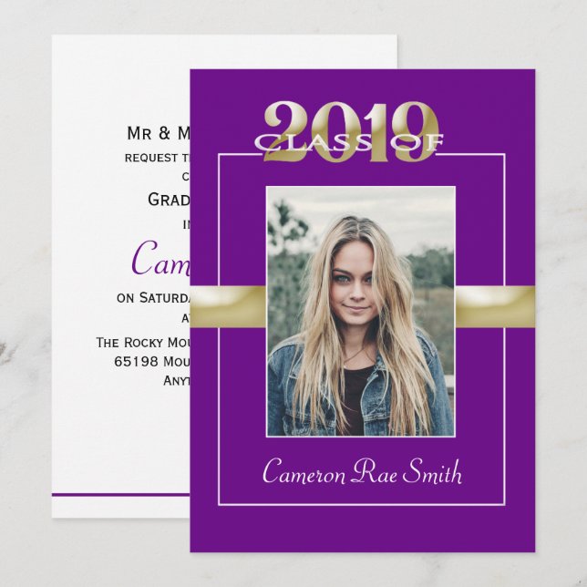 Invitation Classe de 2019 Purple & Gold Graduation Party (Devant / Derrière)