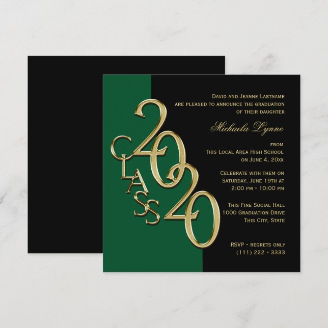 Invitation Classe de 2020 Grad Green et Gold (Devant / Derrière)