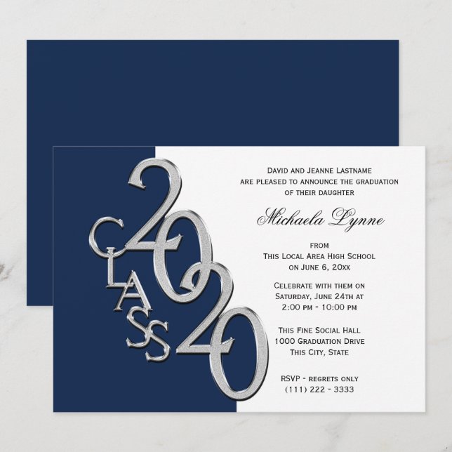 Invitation Classe de 2020 Grad Silver avec option de couleur (Devant / Derrière)