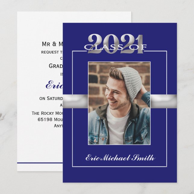 Invitation Classe de 2021 Blue Silver Graduation Party Photo (Devant / Derrière)