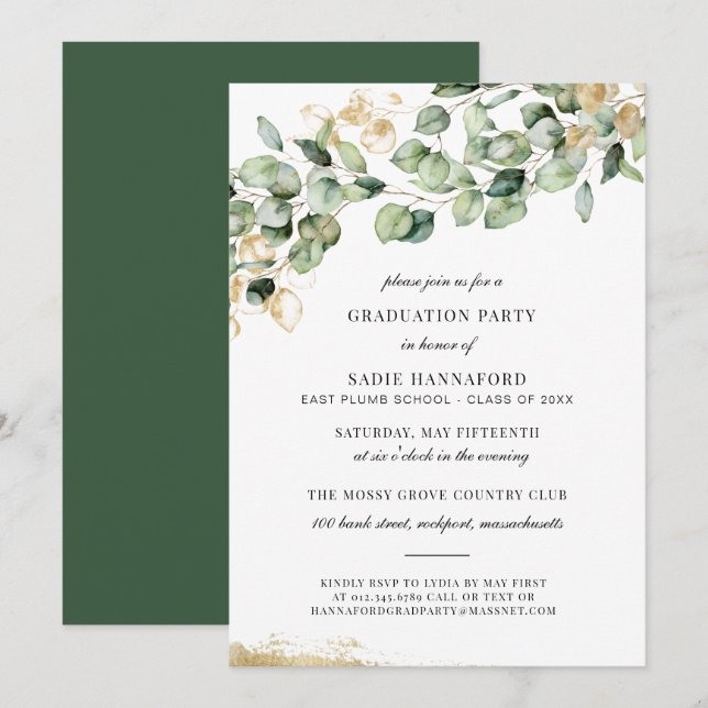 Invitation Classe de 2021 Eucalyptus Rustic Gold Graduation (Devant / Derrière)