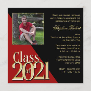 Invitation Classe de 2021 Gold Grad Rouge et Noir avec photo