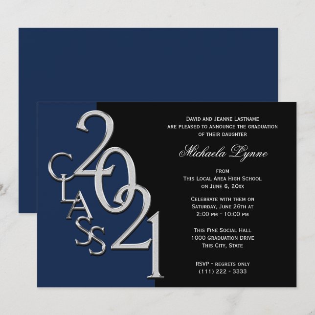 Invitation Classe de 2021 Grad Silver avec option de couleur (Devant / Derrière)