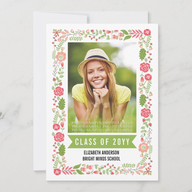 Invitation Classe de 2021 graduation florale frontière photo (Devant)