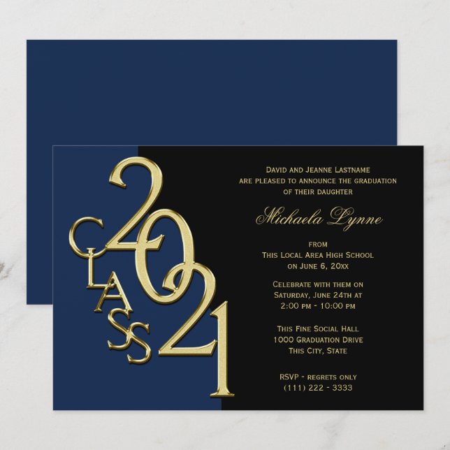 Invitation Classe de 2021 Grand Or avec option Couleur (Devant / Derrière)