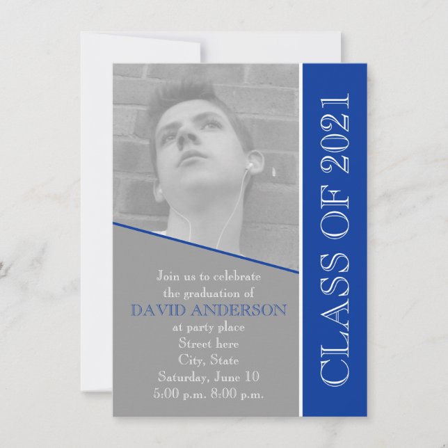 Invitation Classe de 2021 gris, photo de graduation bleue (Devant)