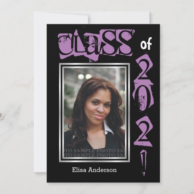 Invitation Classe de 2021 violet texte graduation photo (Devant)