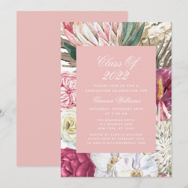 Invitation Classe de 2022 Aquarelle graduée Floral (Devant / Derrière)