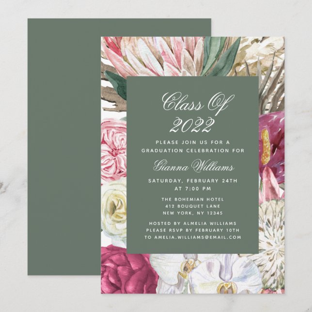 Invitation Classe de 2022 Aquarelle graduée Floral (Devant / Derrière)