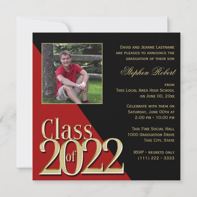 Invitation Classe de 2022 Gold Grad Rouge et Noir avec photo  (Devant)