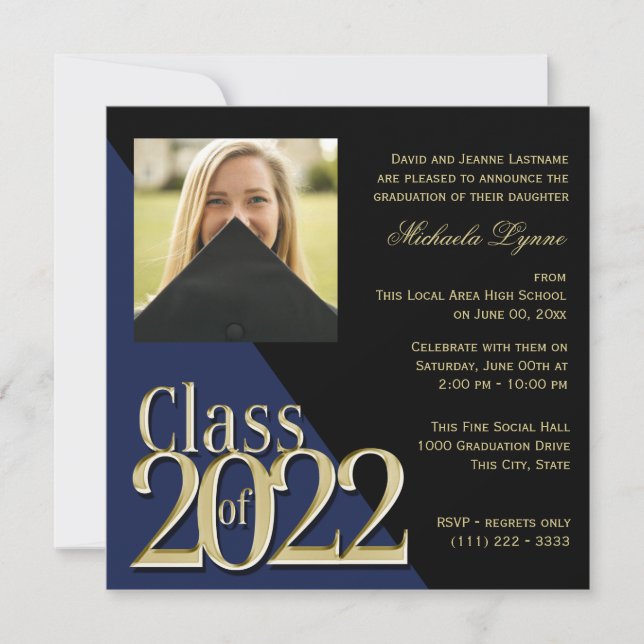Invitation Classe de 2022 Grand Or et Bleu avec photo (Devant)