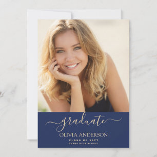 Invitation Classe de 2022 Marine Blue Gold Photo Graduation