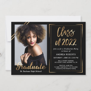 Invitation Classe de 2022 Modern Black Gold Photo Graduation