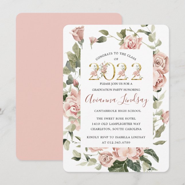 Invitation Classe de 2022 Plutôt Rose Rose Floral Graduation  (Devant / Derrière)