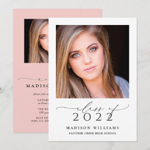 Invitation Classe de 2022 Simple Rose 2 Photo Graduation