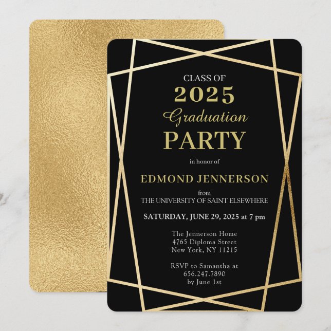 Invitation Classe de 2023 Elegant Black Gold Géométrique (Devant / Derrière)
