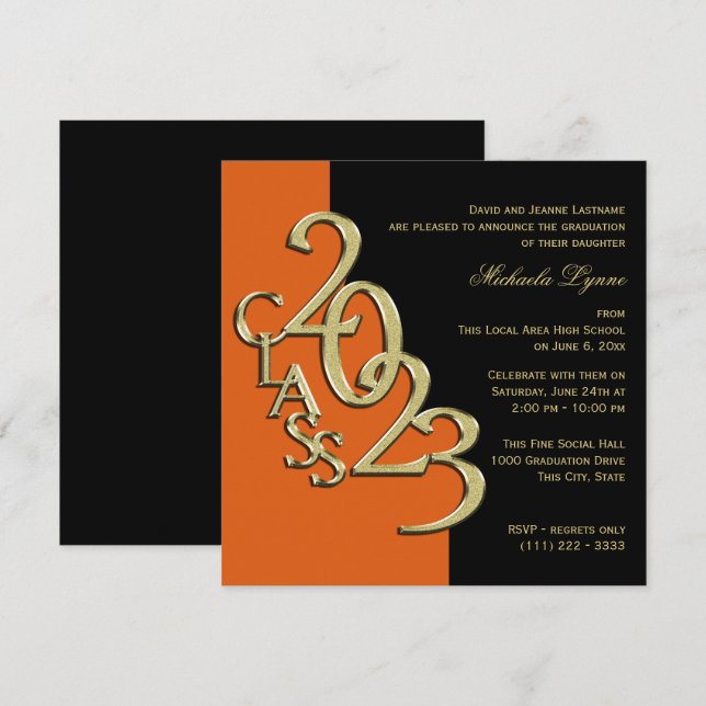Invitation Classe de 2023 Grand Orange et Or (Devant / Derrière)
