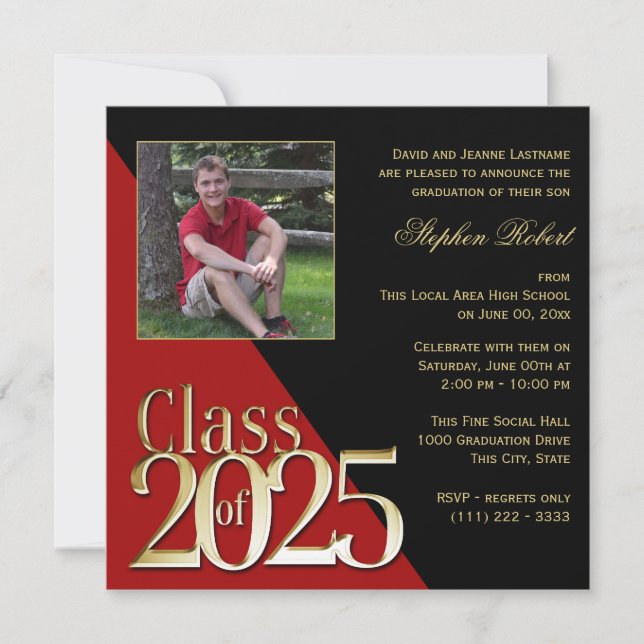 Invitation Classe de 2024 Gold Grad Rouge et Noir avec photo (Devant)