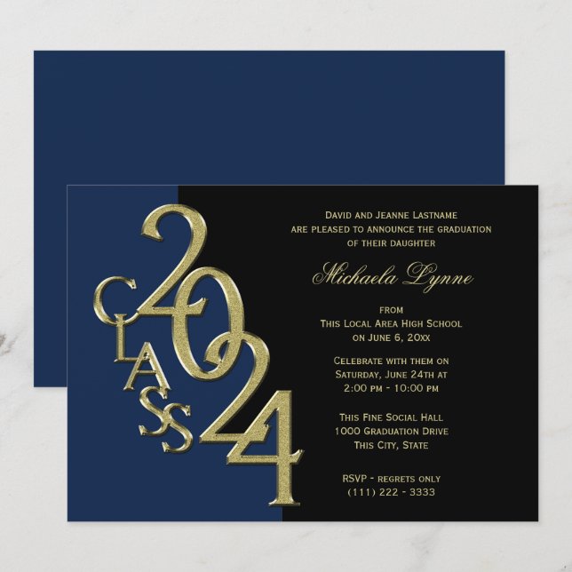 Invitation Classe de 2024 Grad Gold avec option Couleur (Devant / Derrière)