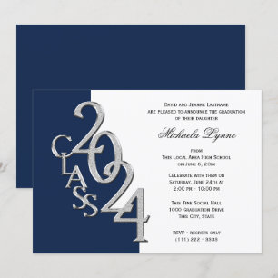 Invitation Classe de 2024 Grad Silver and Navy Blue