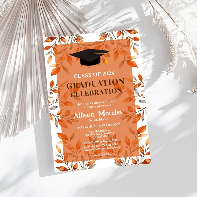Invitation Classe de 2024 Graduation Terracotta Orange Feuill (Set the tone for your graduation party with our vibrant orange leaves invitation. 🎉🌺)