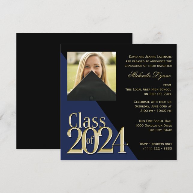 Invitation Classe de 2024 Grand Or et Bleu avec photo (Devant / Derrière)