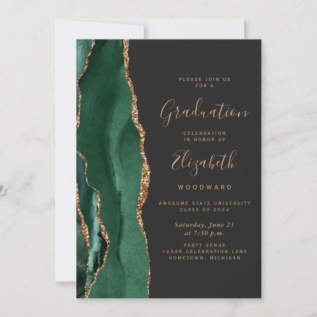 Invitation Classe de 2024 Green Agate Photo Dark Graduation (Devant)