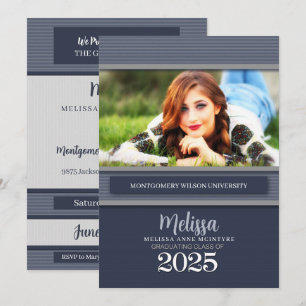 Invitation Classe de 2025 Blue Pinstripe Photo Graduation