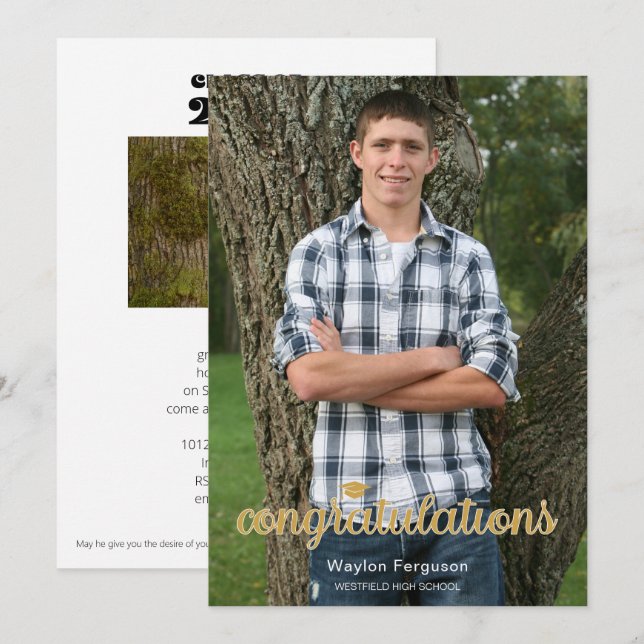 Invitation Classe de 2025 Christian Gold Photo Graduation (Devant / Derrière)