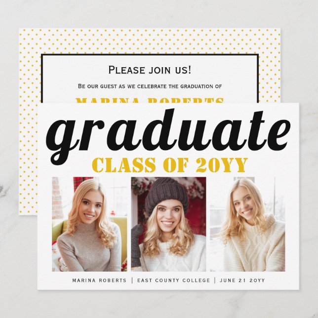 Invitation Classe de 2025 diplômé en typographie jaune photo (Devant / Derrière)