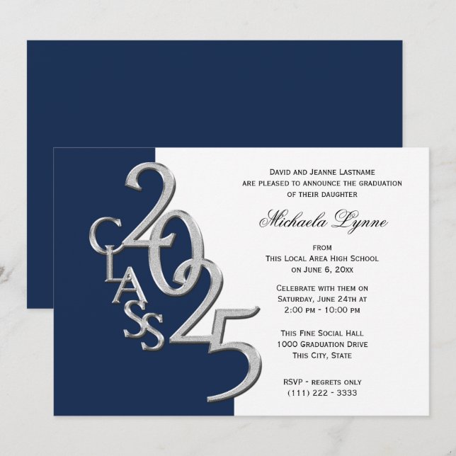 Invitation Classe de 2025 Grad Silver avec option de couleur (Devant / Derrière)
