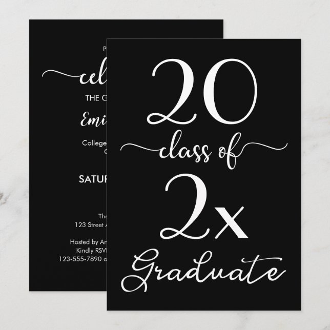 Invitation Classe De 2025 Graduation Chic Noir Blanc Script (Devant / Derrière)
