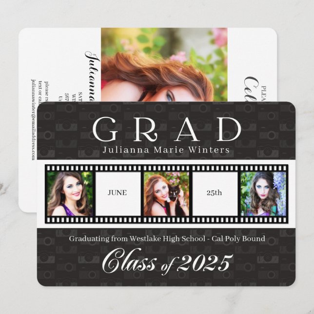 Invitation Classe de 2025 Graduation Film Strip Thème 3 Photo (Devant / Derrière)