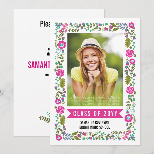 Invitation Classe de 2025 graduation rose floral frontière ph (Devant / Derrière)