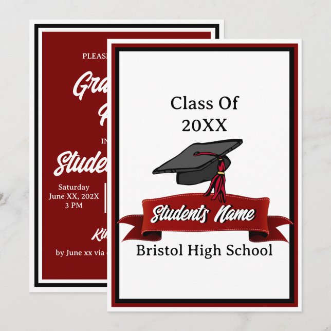Invitation Classe de 2025 Maroon and Black Graduation Party (Devant / Derrière)