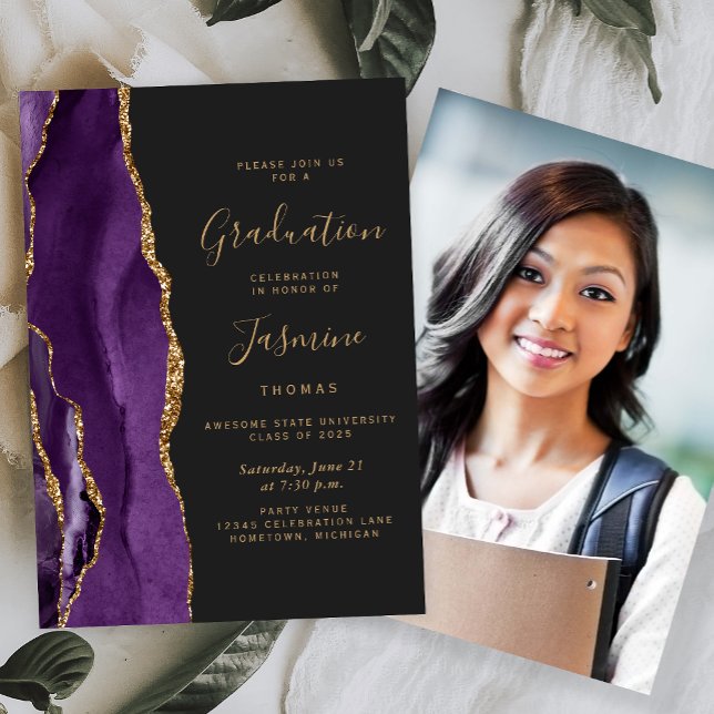 Invitation Classe de 2025 Purple Agate Photo Dark Graduation (Créateur téléchargé)