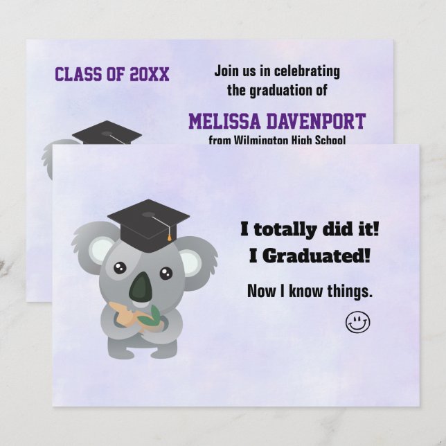 Invitation Classe de 20xx Ourson Koala Mignon avec Toge de Re (Devant / Derrière)