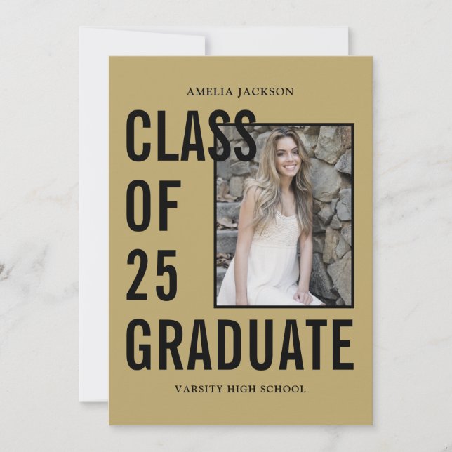 Invitation Classe De 25 Gold & Black 4 Photos Graduation Part (Devant)