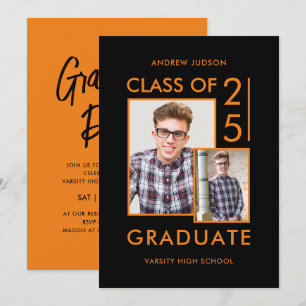 Invitation Classe De 25 Modern Black & Orange Photo Grad Part