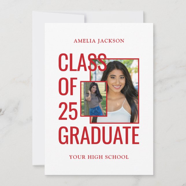 Invitation Classe De 25 Rouge & Blanc 2 Photos Open House (Devant)