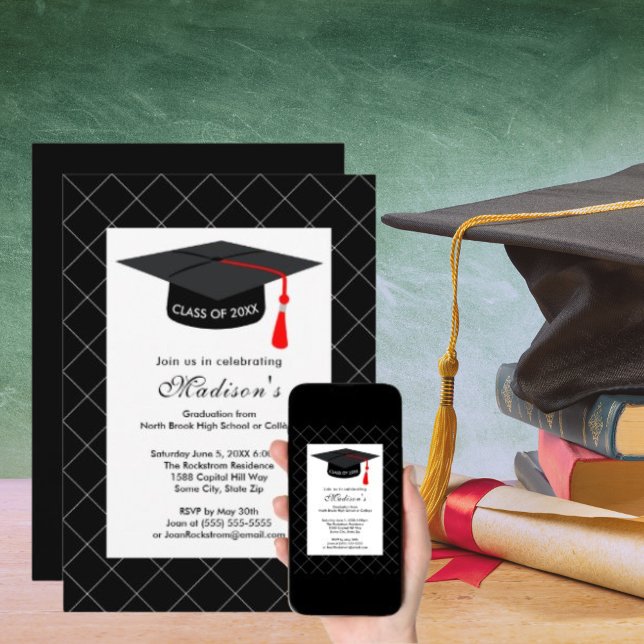 Invitation Classe de Casquette noir blanc de 2e année de 2024 (Black White Grad Cap Graduation Class of 2024 Invitation)