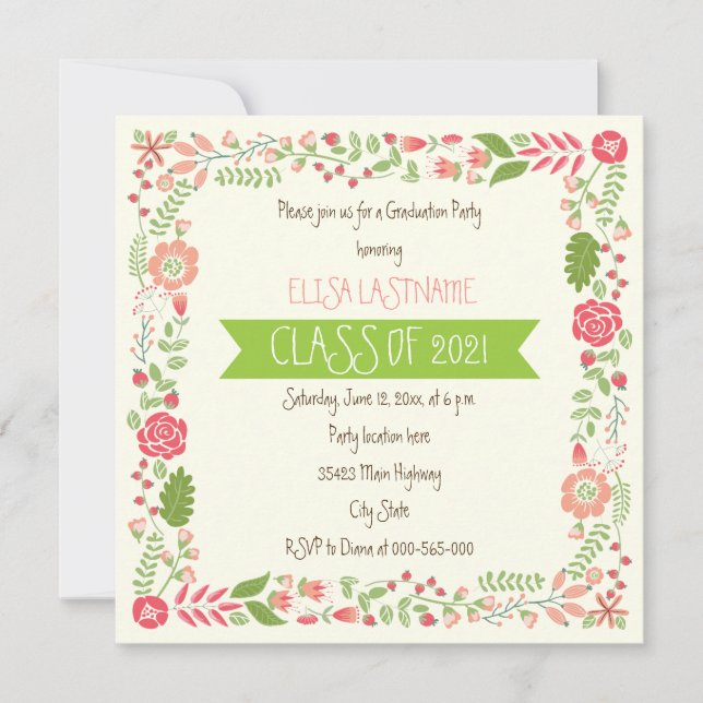Invitation Classe de graduation de frontière florale rose 202 (Devant)